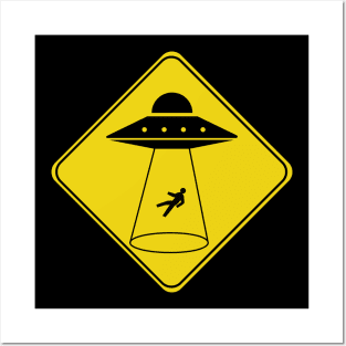 Caution Road Sign UFO Alien Abduction Posters and Art